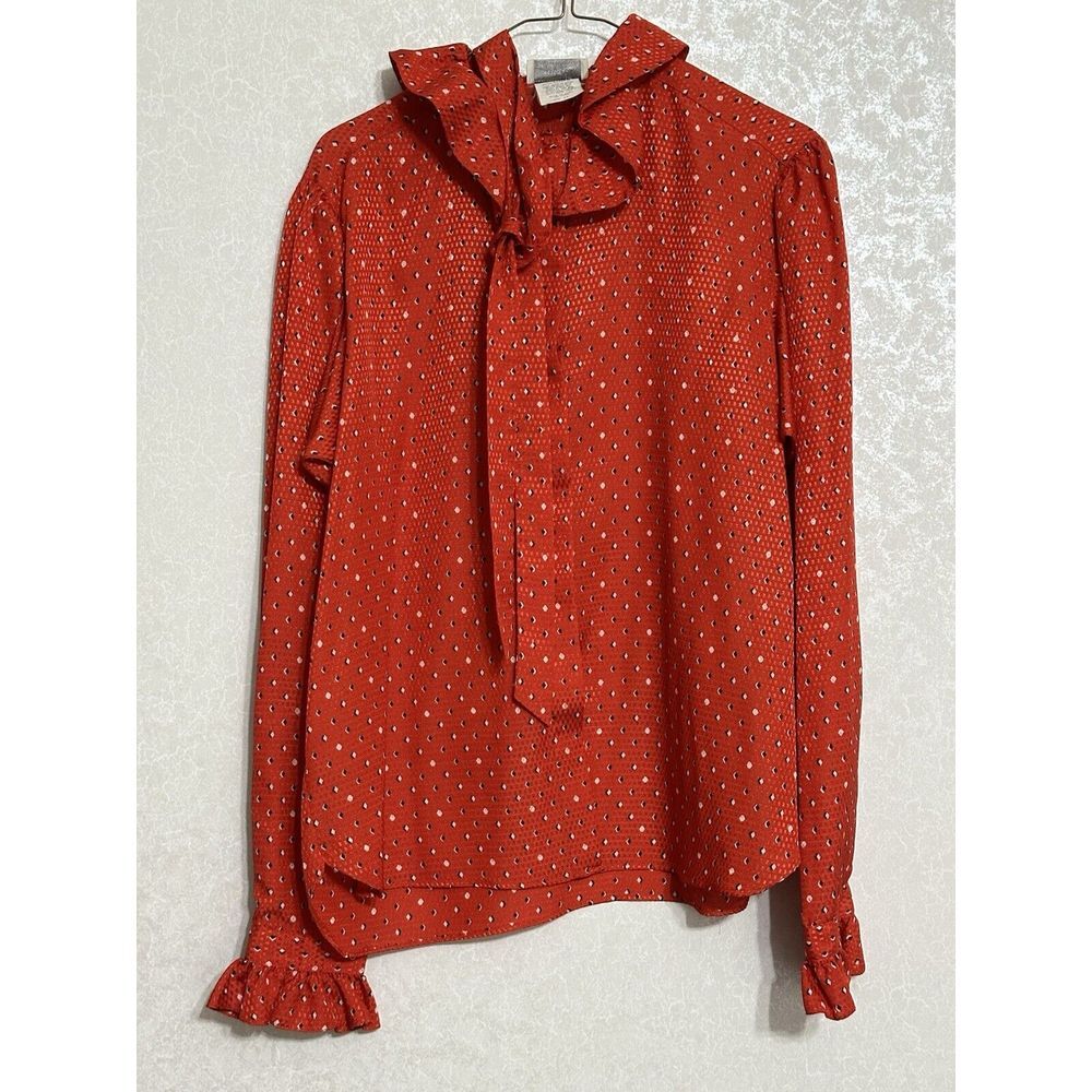Evan Picone Vintage Hidden Button Up Red Tie Neck Blouse Geometric Pattern Sz 14